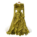 European and american niche style 3d ruffle trim tie-waist long sleeve pleated maxi dress with slit
