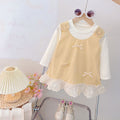 Baby girl autumn chic bowknot tank top faux two-piece dress,  new korean style lace trim dress for girls