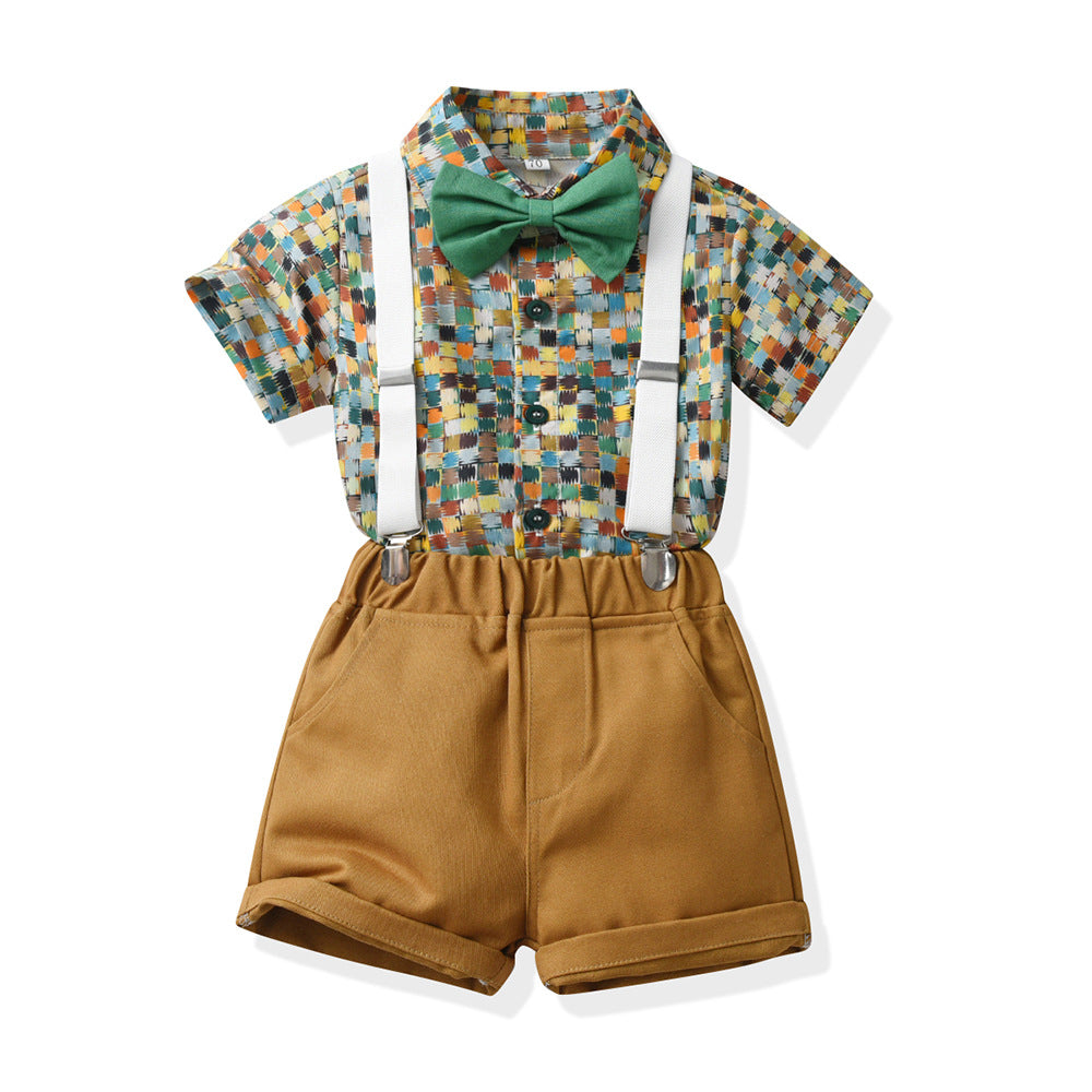 European and american style boys' outfit set: short-sleeve printed shirt, overalls, bow tie - beach-themed cross-border children's wear wholesale