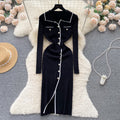 Korean chic autumn retro lapel color block single-breasted waist-defining slimming elegant slit bodycon knit dress