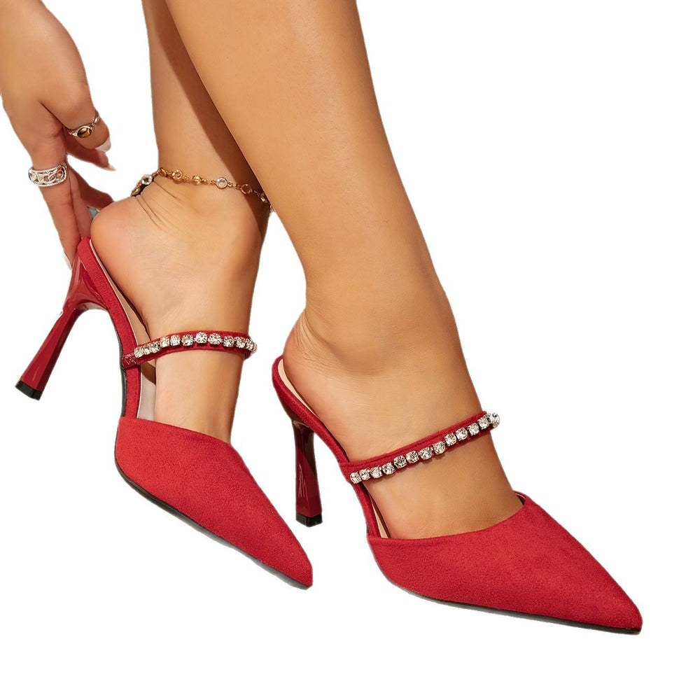 Women's red stiletto heel sandals - fashionable buckle detail, rhinestone embellishments, pointed toe, sexy and minimalist high heel sandals