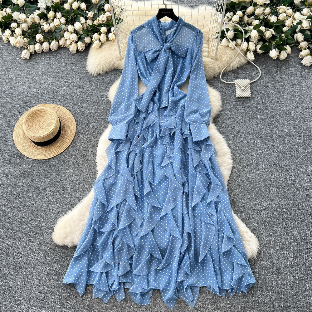 Sophisticated chic: women's polka dot maxi dress with bow tie, asymmetrical ruffle hem - autumn  collection