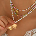 European and american cross-border bohemian heart pendant necklace, fashionable multi-layered colorful beaded faux pearl choker
