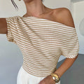 Summernew arrivalstylishfashion single-sided off-shoulder stripes short-sleeved topswork clothingeasiest for match waist knitting shirt t-shirt