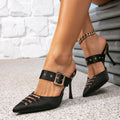Women's black high heel sandals - square buckle detail, casual & minimalist style, pointed toe, sexy ladies' sandals, mules