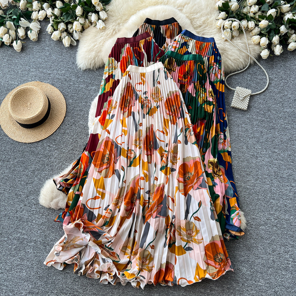 French printinghigh waistslimming looka-line pleated skirt women's summer midi skirt vacation style elegant work clothing skirt