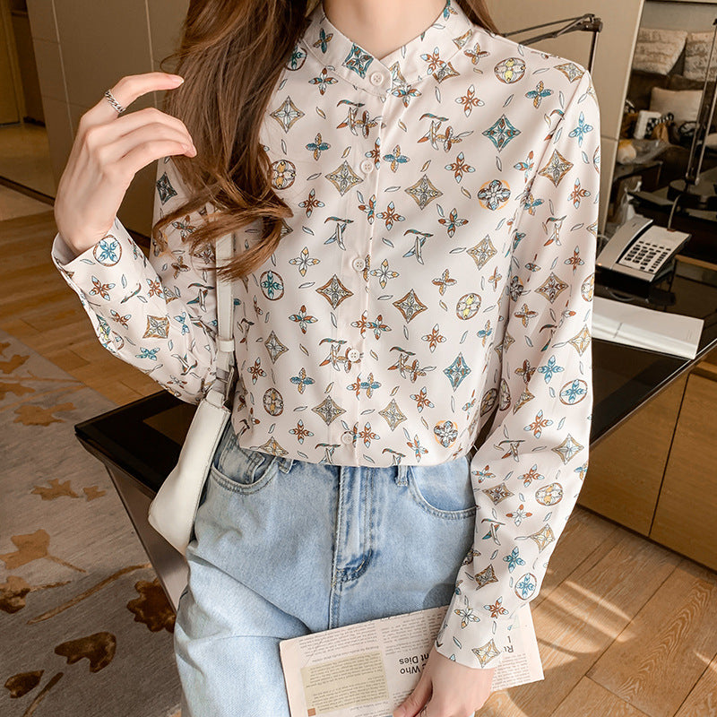 Real shot 2024 autumn French Hepburn style silk printed shirt femininity stand-up collar light luxury retro fashion shirt