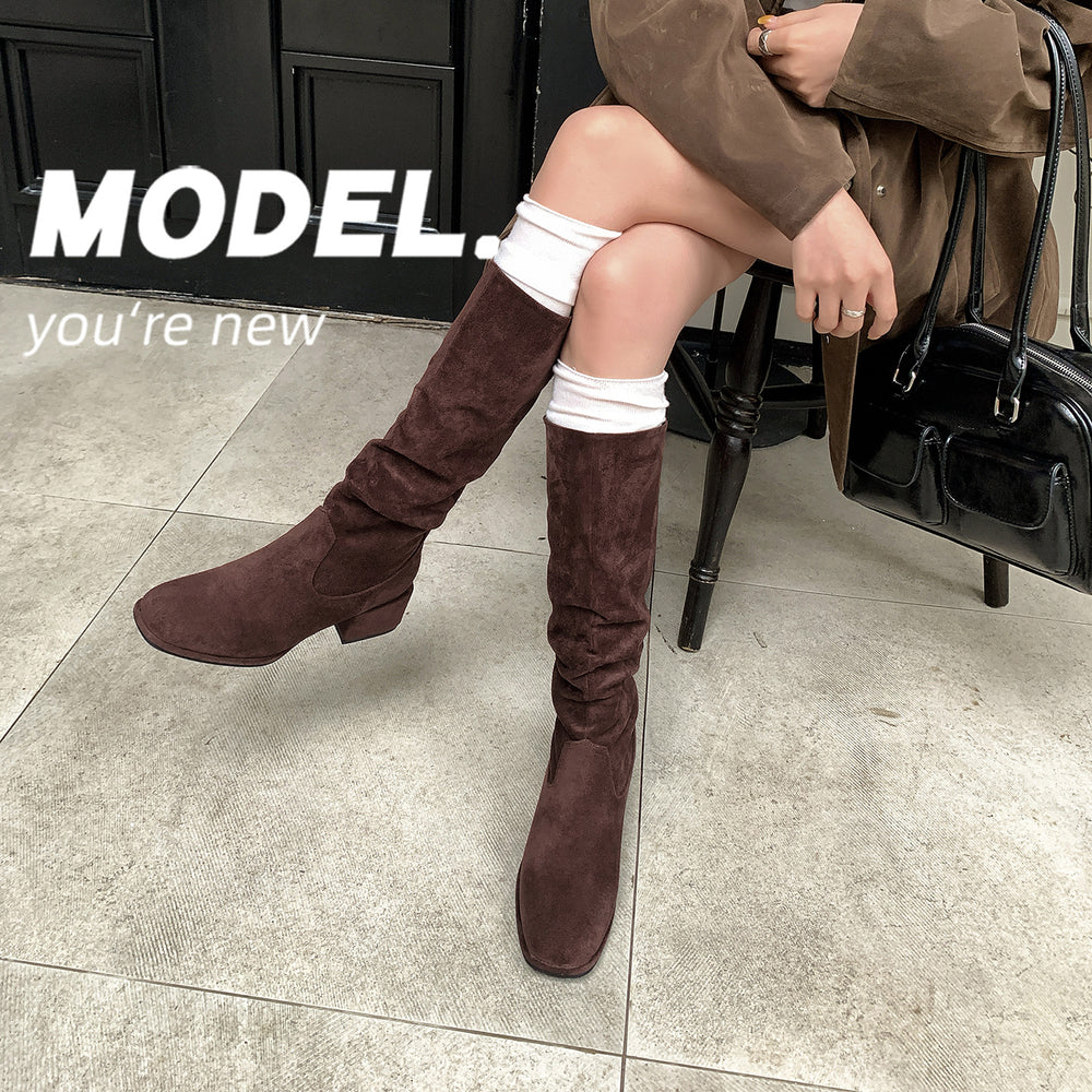 Knight boots for women 2025 new round toe thick heel western boots high boots retroslimming look pleated pile european and american