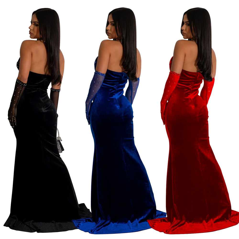 C6801 cross-border   fashion women's solid color halter neck slit sexy maxi dress