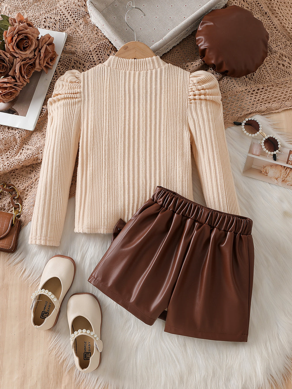 autumn new arrival: round neck princess sleeve textured top + asymmetrical bow leather skirt two-piece set