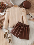 autumn new arrival: round neck princess sleeve textured top + asymmetrical bow leather skirt two-piece set