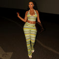 European and american style ins foreign trade color block stripesd women's printed pants suitcrop top hip hanging neck u-neck sleeveless two-piece set