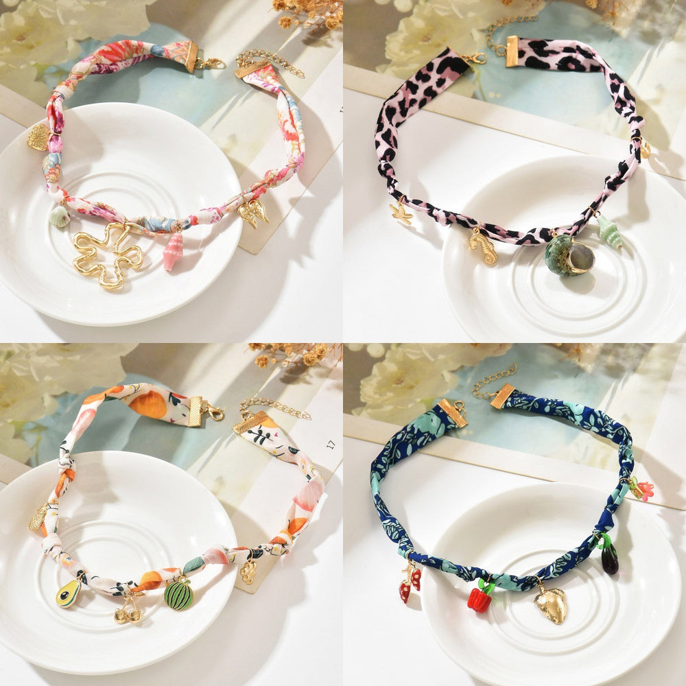 hot-selling flower pendant necklace for women, bohemia resort style, conch, high-end silk scarf, fabric clavicle chain