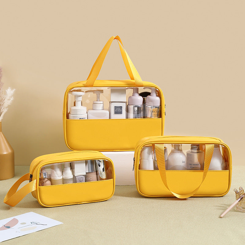 Splicing transparent cosmetic bag PVC bath toilet bag PU waterproof handbag large capacity travel portable storage bag