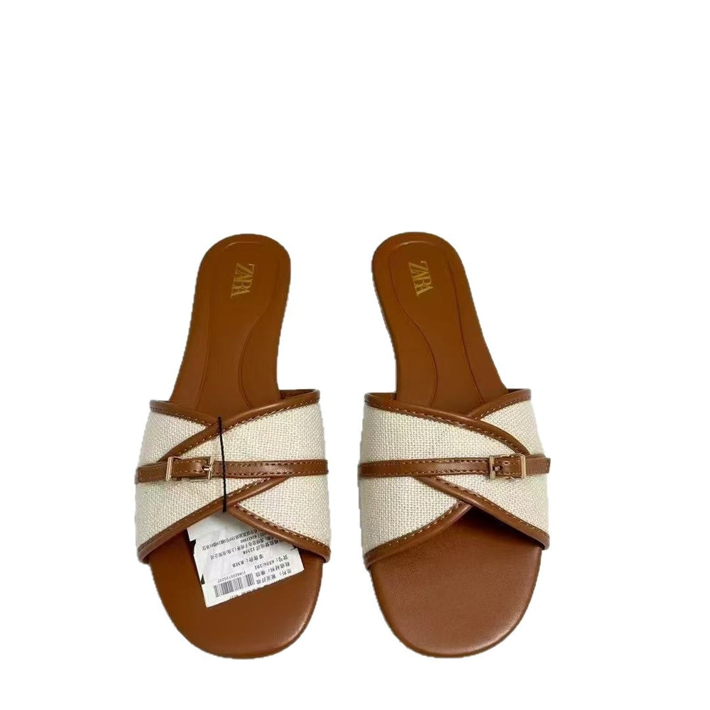 Za2025 new women's brown buckle-embellished flat sandals - perfect for beach, poolside, and everyday wear - european & american style