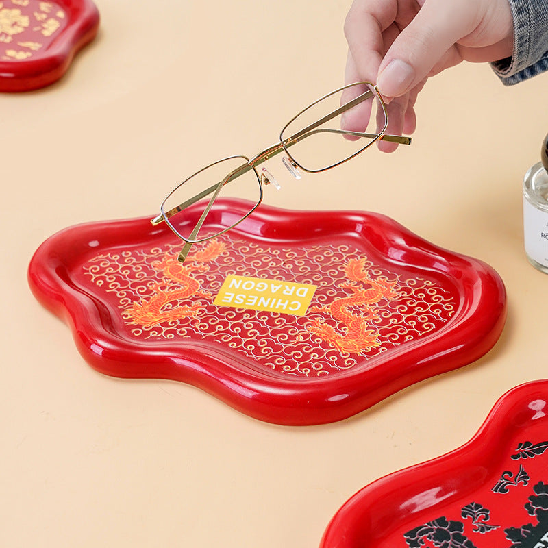 Minimalist style new year red snack tray dried fruit plate living room bedroom desktop organizer office glasses storage tray
