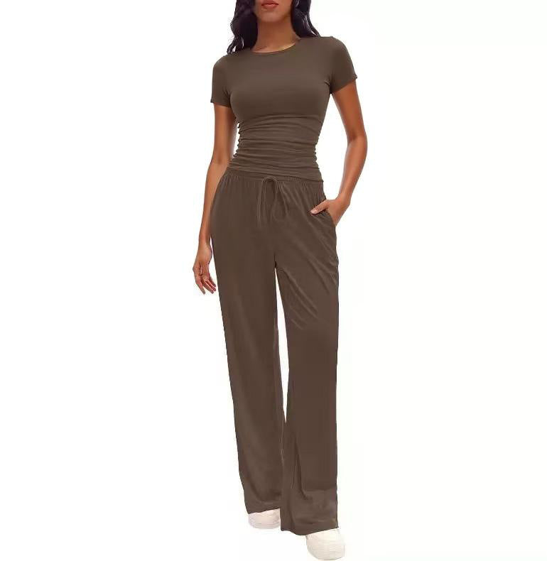 2024 european and american amazon new arrival: solid color casual set - ruched short sleeve top & high-waisted wide leg pants tracksuit