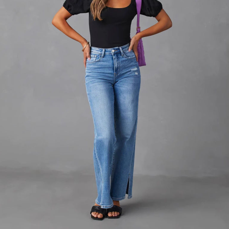 Amazon slit jeans women's new arrival stretch washed loose pants elegant commuterhigh waistjeans