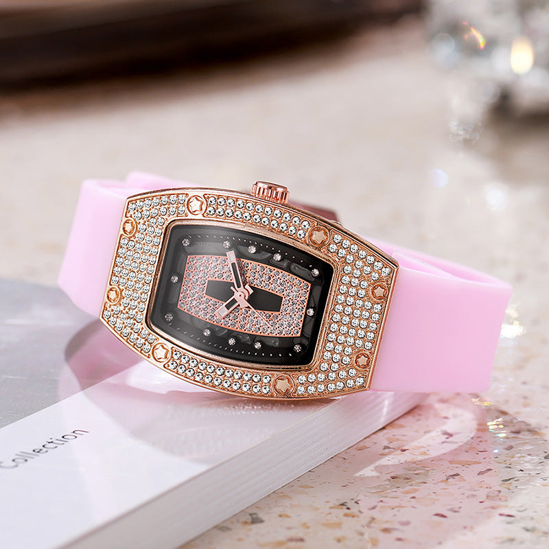 Honghong wine barrel-shaped diamond-encrusted quartz tape women's watch fashiontrendyelegant women's watch silicone watch wholesale