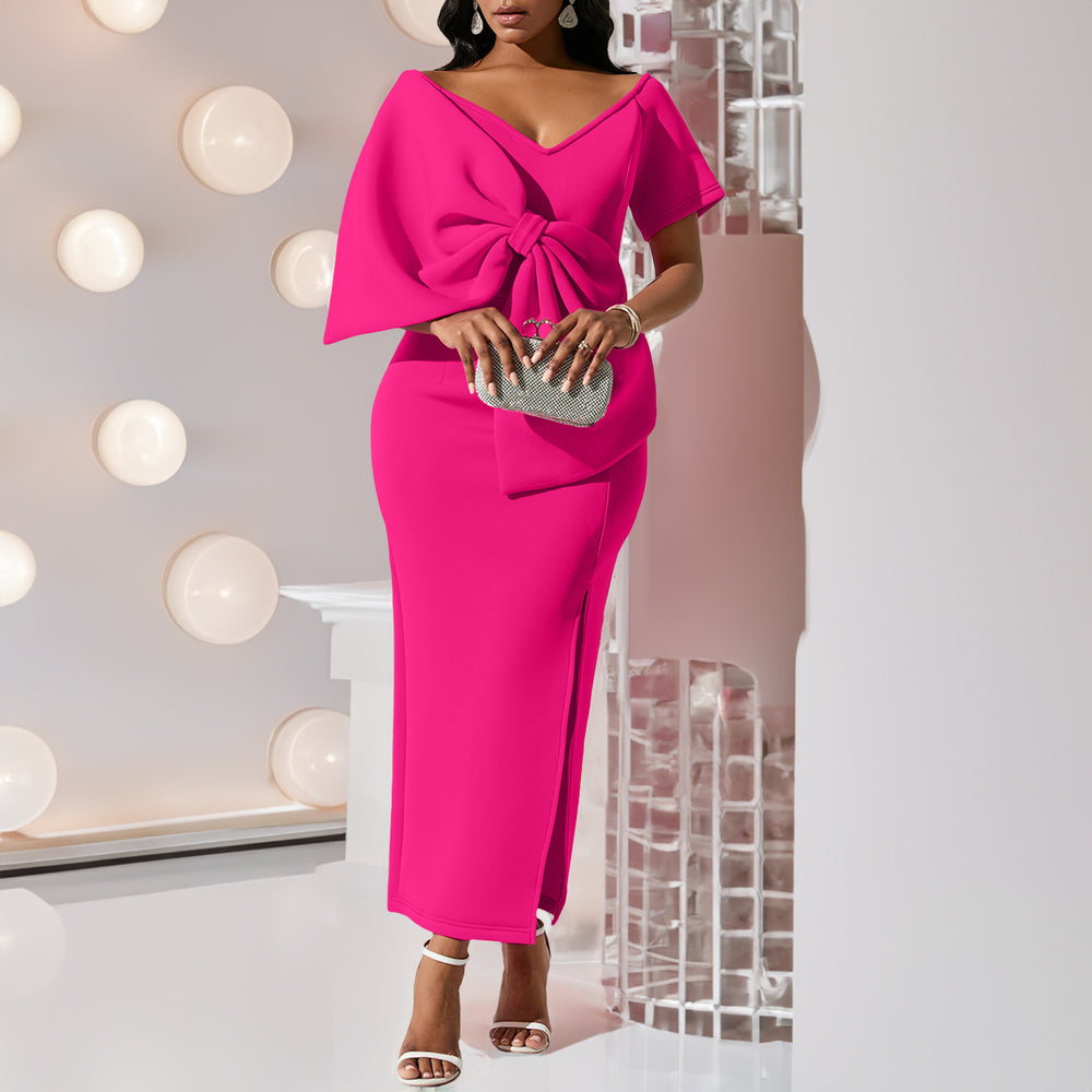 D395 party dressexport women's sexy big bow slit dress hip skirt fashiondress