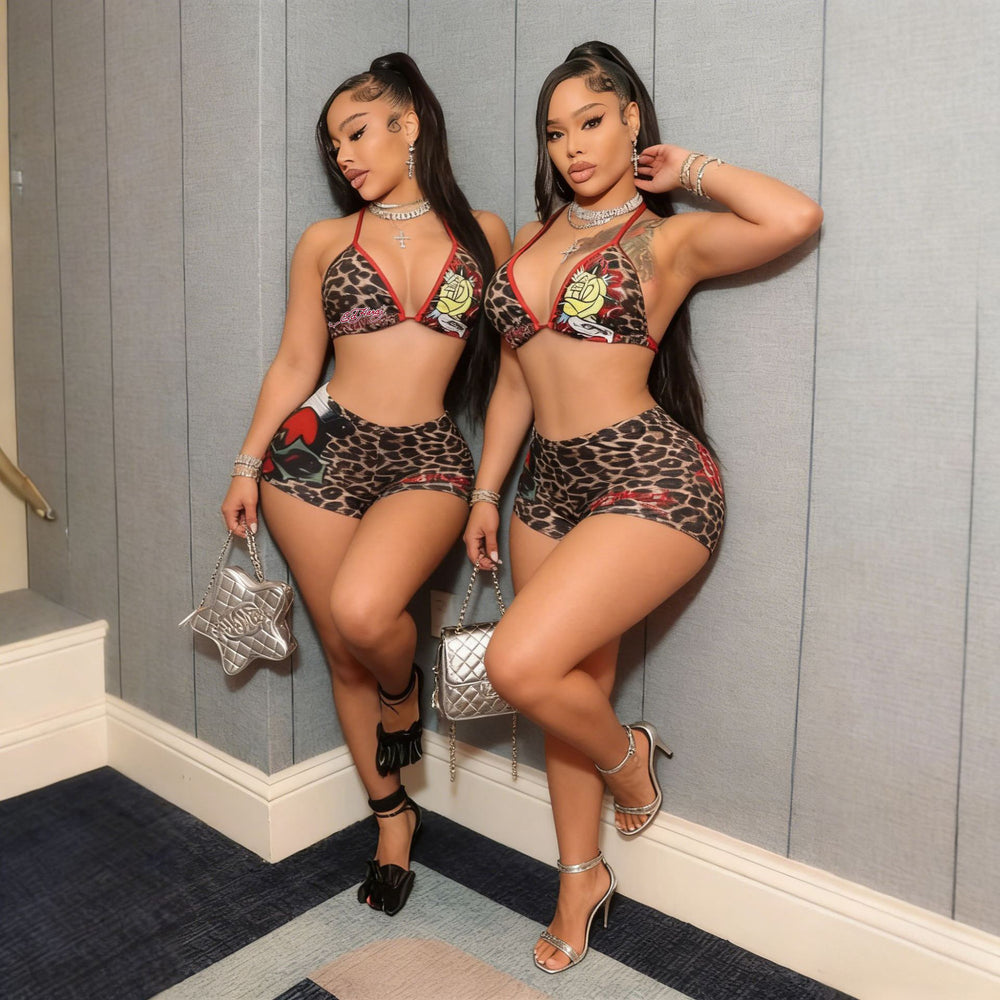 Amazon fashion cross-border leopard print rose halter sexy swimsuit two-piece set hot girl nightclub style shorts suit