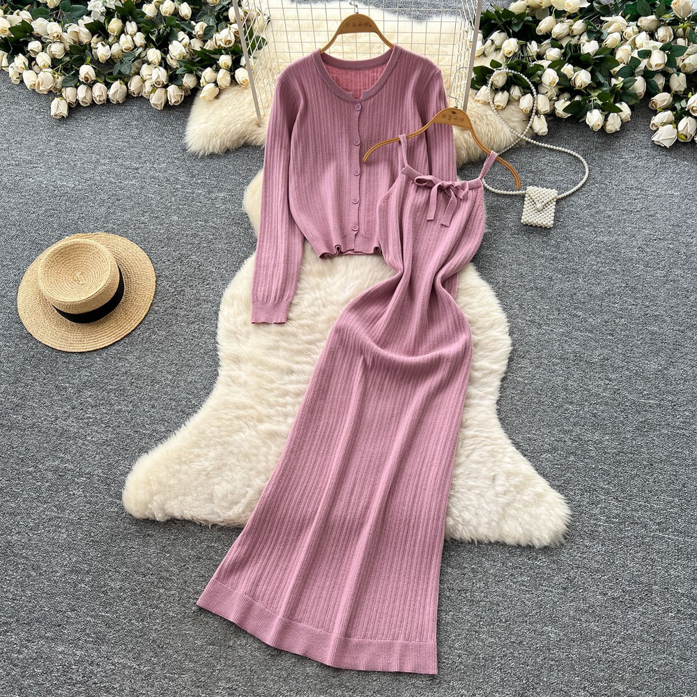 Feminine eleganttwo-piece set autumn classy waist suspender knittingdress+long sleevescardiganoutwear