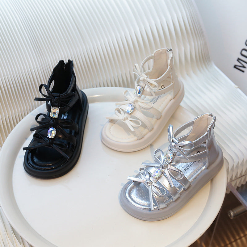 Children's Roman sandals 2025 summer new Korean version girls rhinestone bow princess shoes soft-soled beach shoes