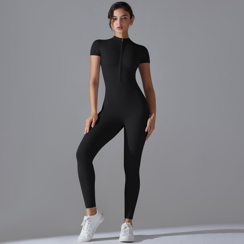 European and american nude feel zipper short sleeve yoga bodysuit - quick-dry, breathable, outdoor sports compression suit - fitness apparel
