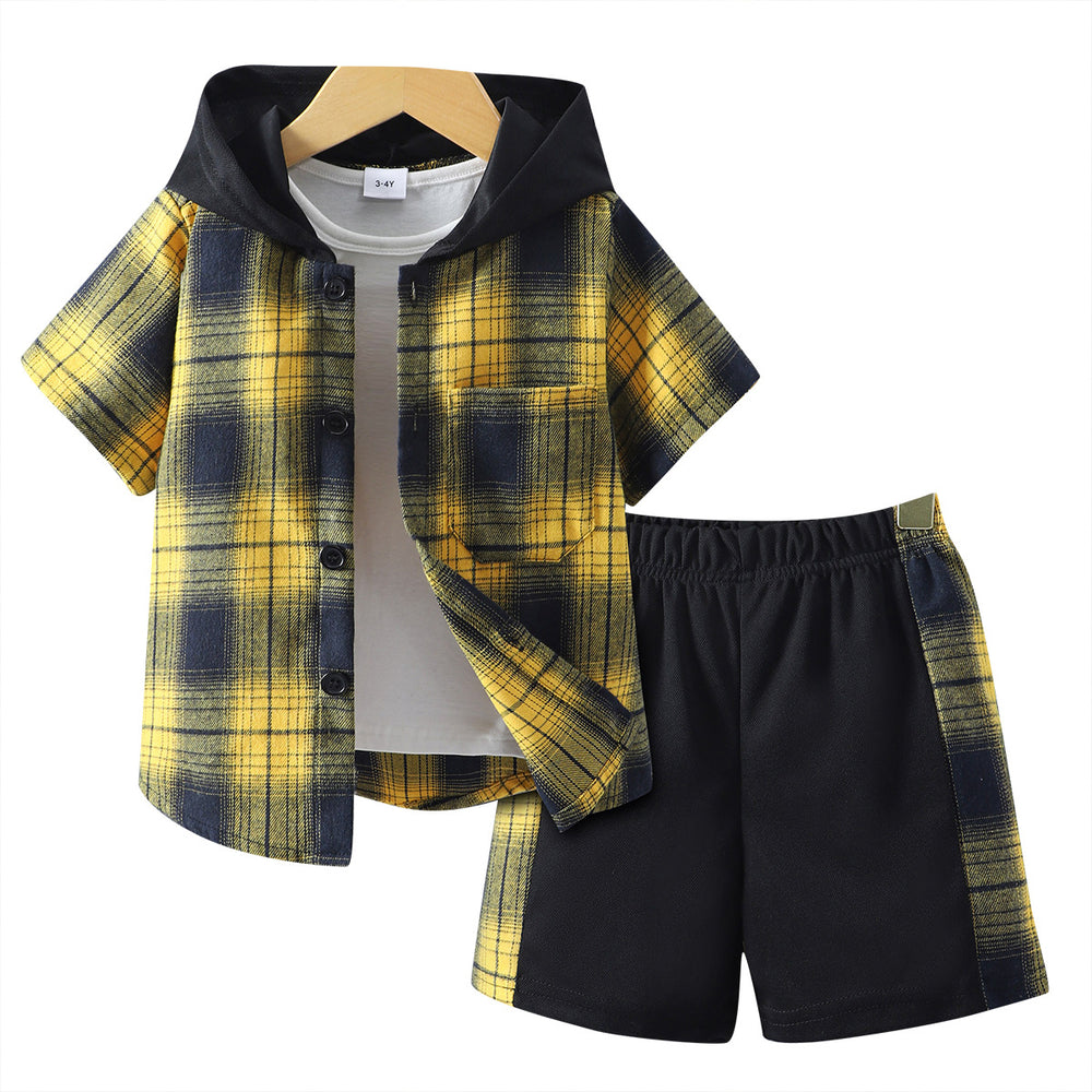 e-commerce special summer plaid plaid children's hooded short-sleeved shirt suit