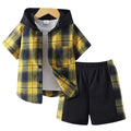 e-commerce special summer plaid plaid children's hooded short-sleeved shirt suit
