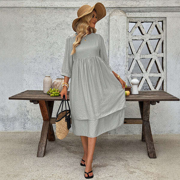 's new European and American  vacation casual simple style round neck layered five-quarter sleeve loose solid color dress