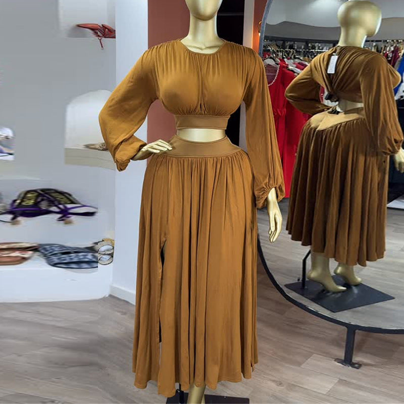 European and american women's clothing  autumn new collection: sweet and fresh round neck lantern sleeve blouse with high-waisted a-line midi skirt two-piece set