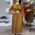 European and american women's clothing  autumn new collection: sweet and fresh round neck lantern sleeve blouse with high-waisted a-line midi skirt two-piece set