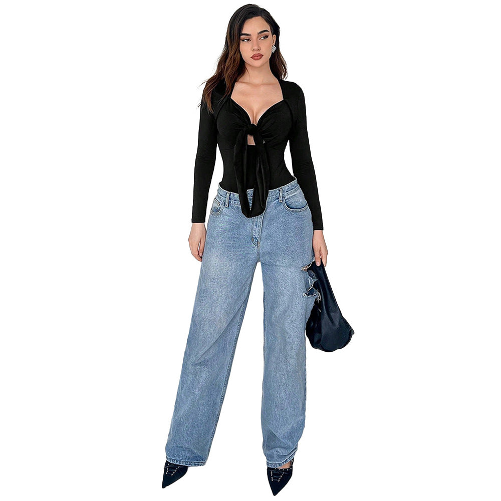 women's clothing  autumn and winter insfashionsexy silmlong sleeves t-shirtsense of designniche styletops jumpsuit