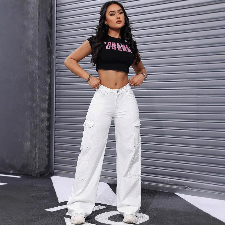 European and american cross-border   new versatile casual mid-rise loose straight wide-leg multi-pocket women's cargo pants