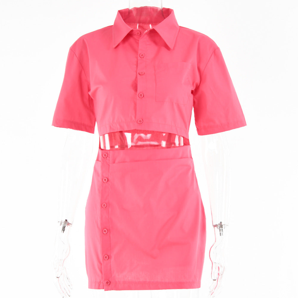 European and American fashion sexy babes fake two-piece short skirt 2022 spring new solid color short-sleeved cardigan button hip skirt