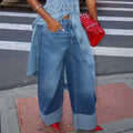 European and american style women's rolled hem wide leg jeans - high waist, drapey, vintage washed denim pants