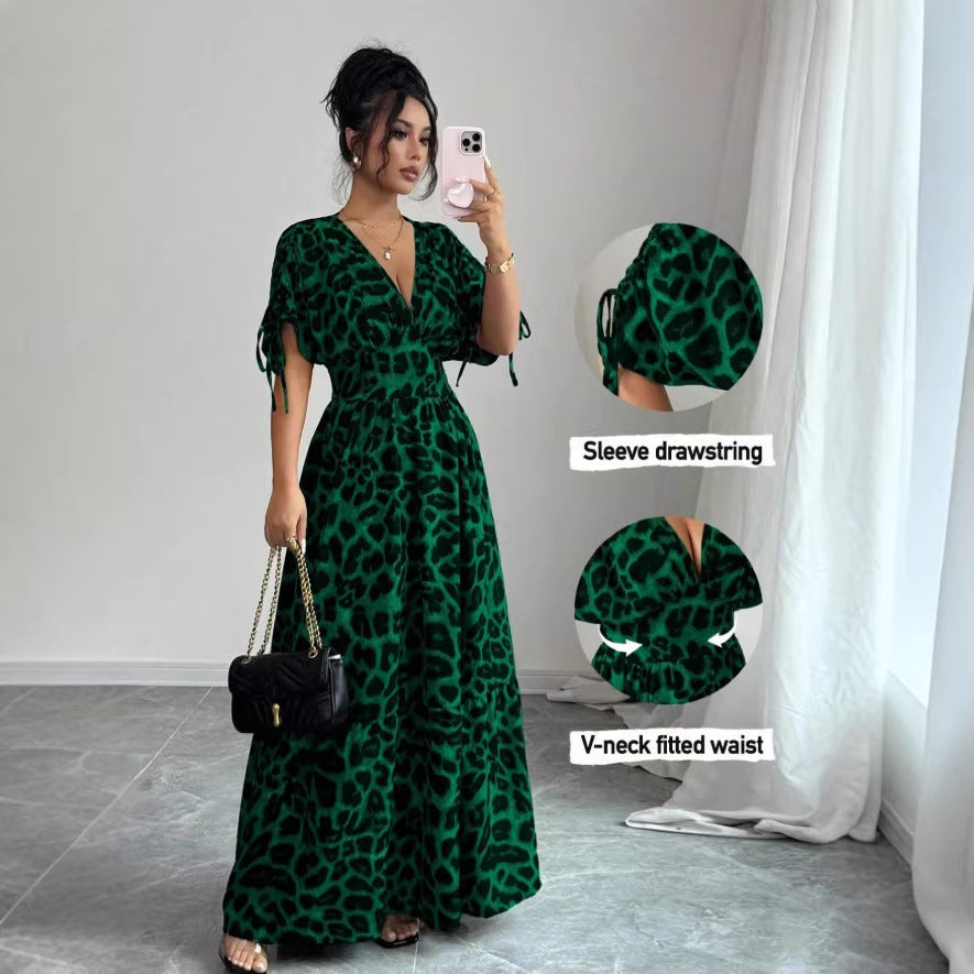 cross-border fashion summer printed v-neck fitted midi dress