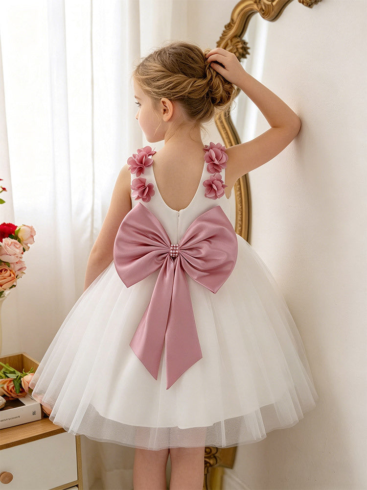 Baby girl dress white flower girl dress first birthday princess dress summer children's day performance host bowknot