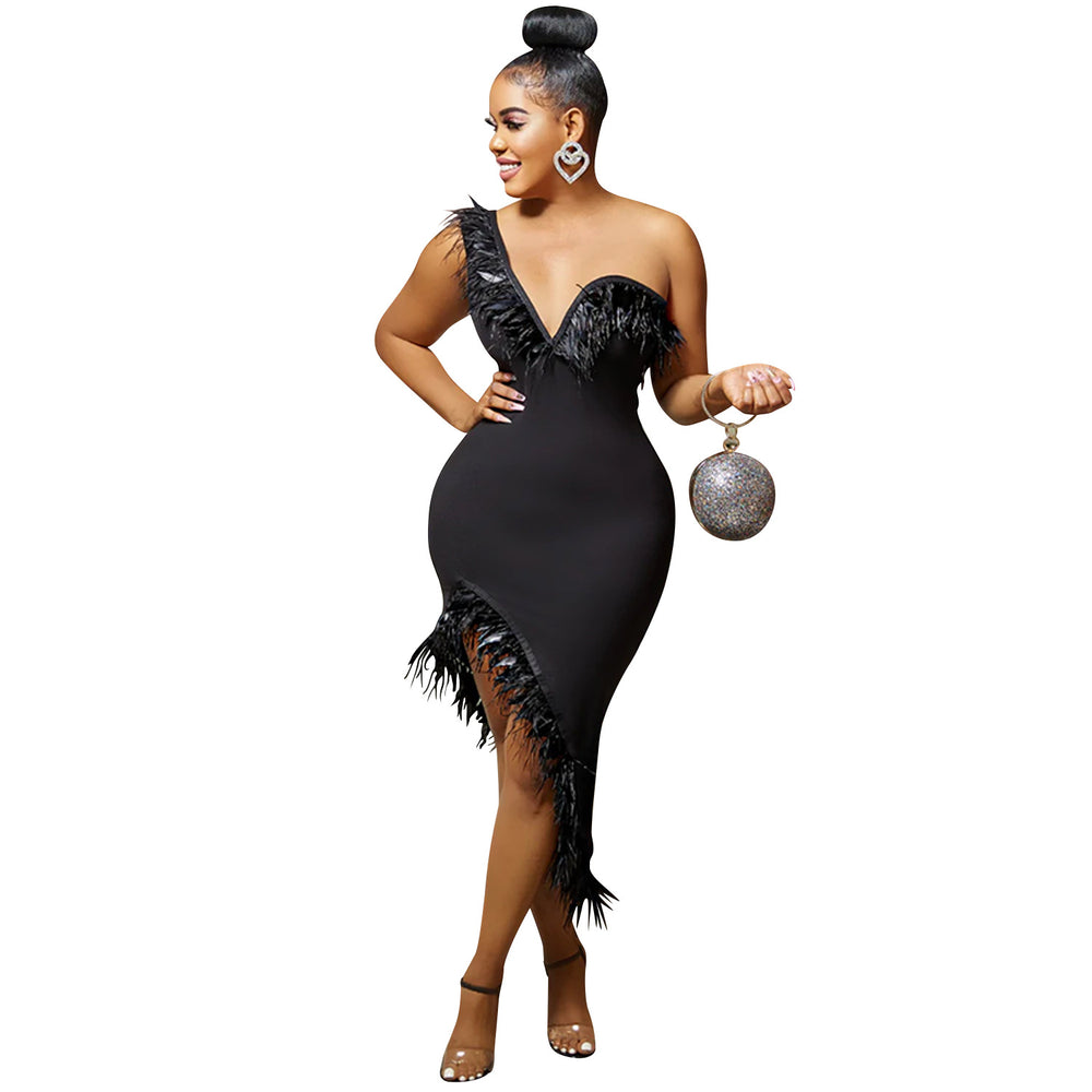 X5907   fashion new product pure colorv neck sleeveless chest wrap feather asymmetrical midi skirt dress