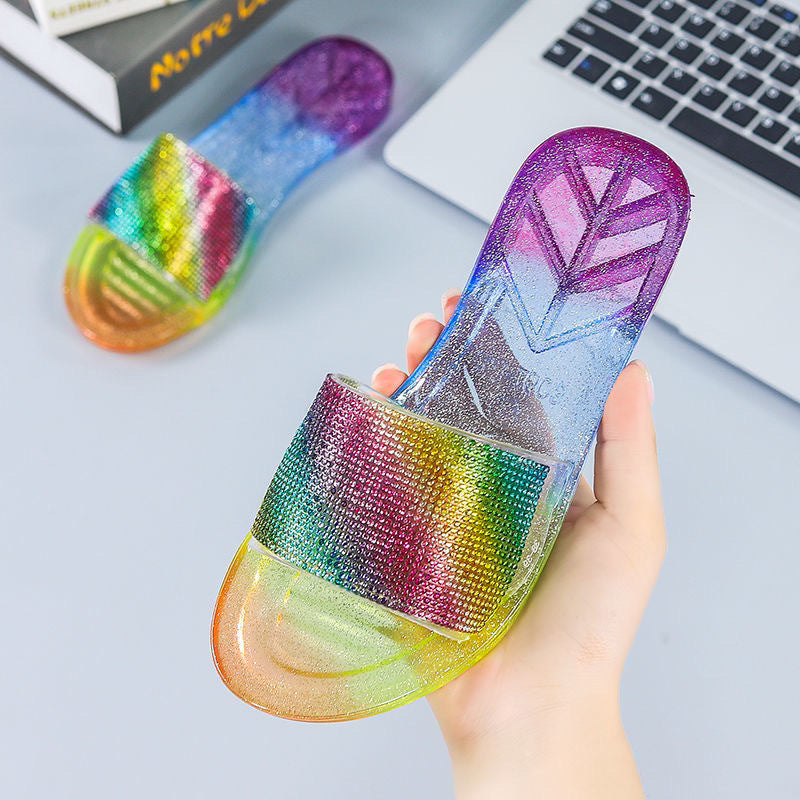 2024 new fashion women's slippers - summer rhinestone stylish ladies' outdoor wear, girly heart-shaped flat color block sandals