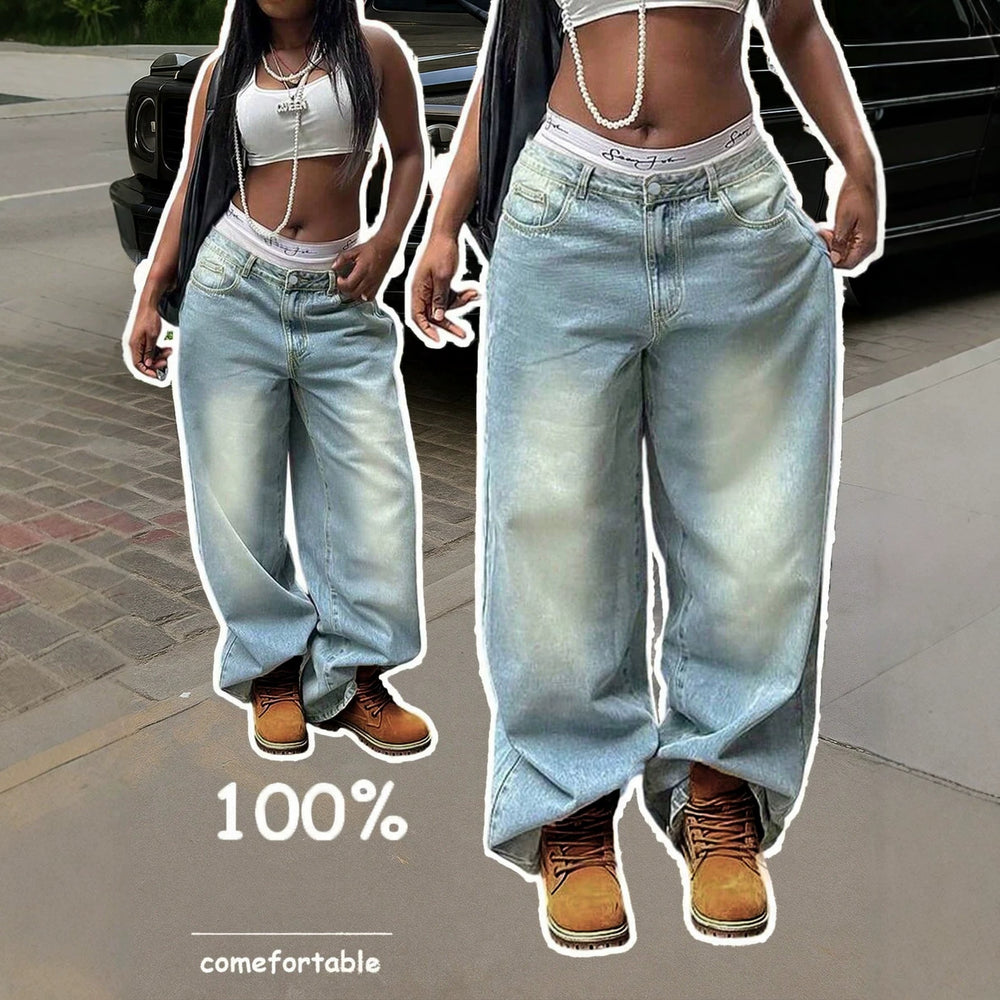 European and american style women's gradient washed wide leg jeans - high waist, relaxed fit, drapey, versatile, hip hop, vintage denim pants