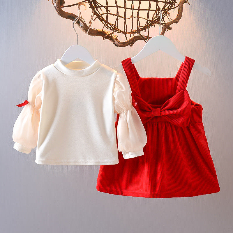 Girls' two-piece dress set - double happiness red