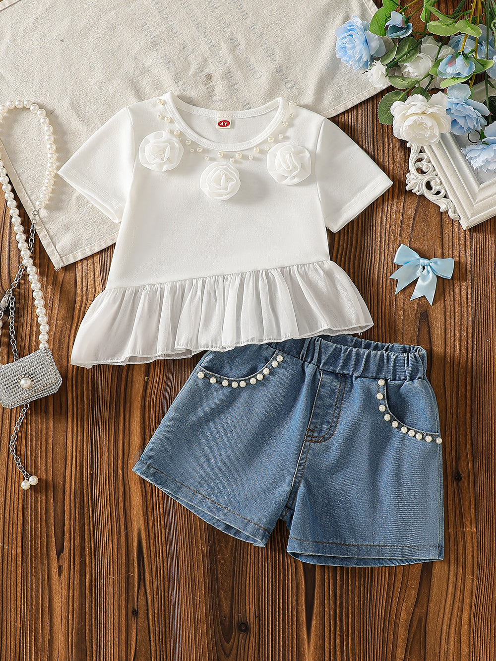 new cross-border girls' round neck floral knit top + beaded denim shorts two-piece set