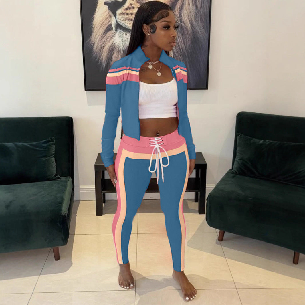 Cross-border European and American fashion street women's clothing contrasting colors splicing long-sleeved zipper cardigan sports and leisure trousers two-piece set