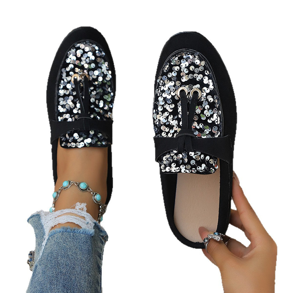 Plus size sequin flat slippers for women - soft sole, comfortable slip-on mules, stylish and versatile lazy shoes for outdoor wear