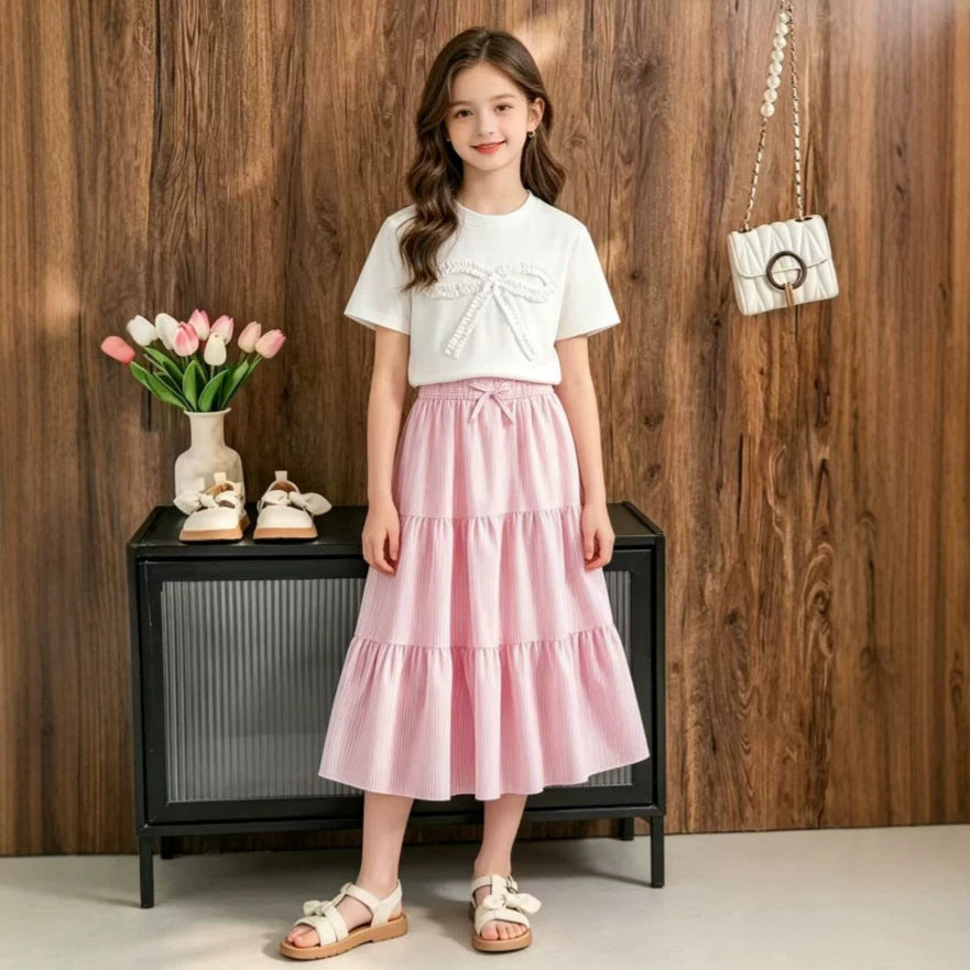 girls' summer new collection: 3d bow short-sleeve top & bohemian tiered skirt set