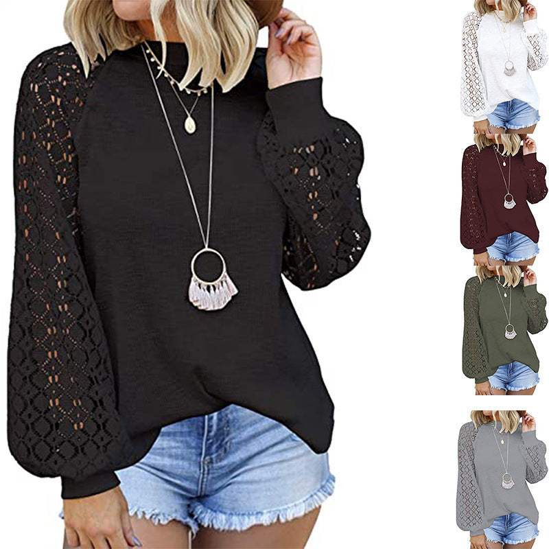 fashionexport cross-border new arrival  independent station round neck long sleeves lacepatchworkloosetops women