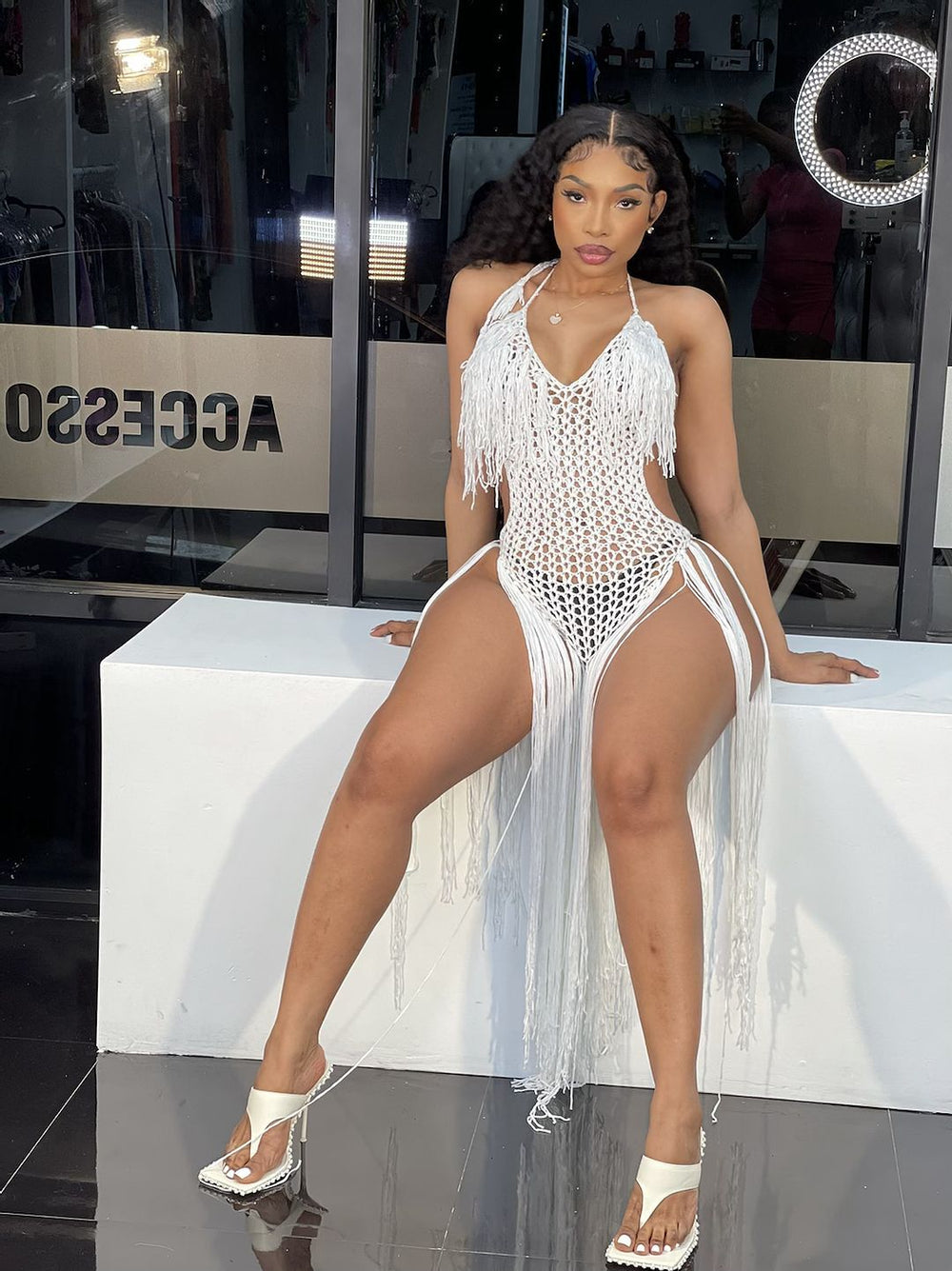 Sexy european and american style women's beach dress - hand-crocheted one-piece with tassel skirt -  approved