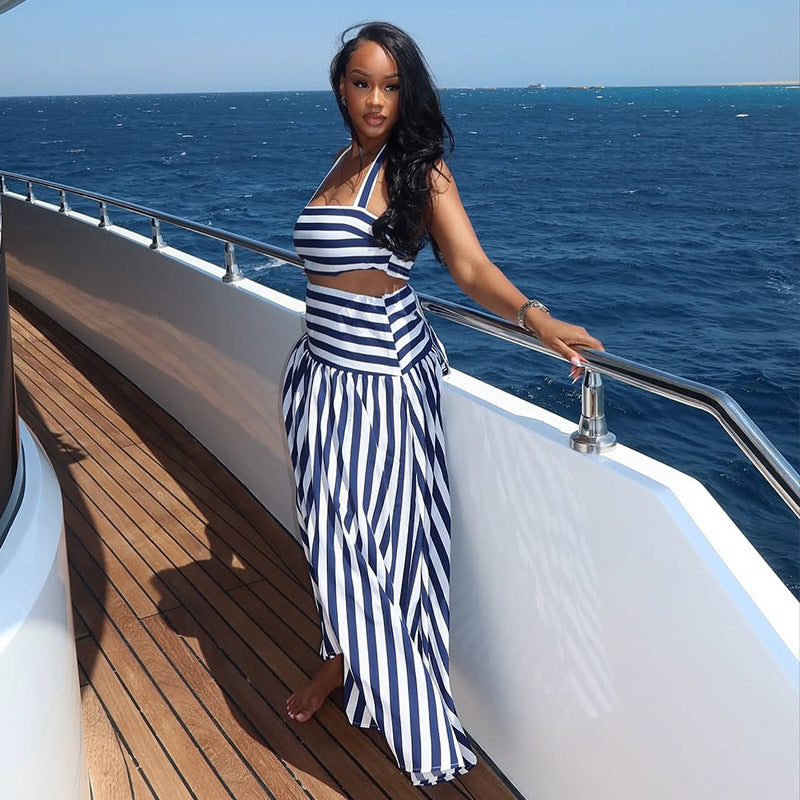 European and american style women's fall  sweet & fresh striped cami top and high-waisted slimming a-line midi skirt two-piece set